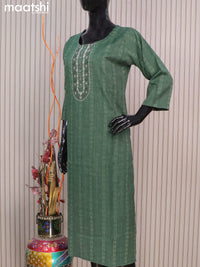 Rayon readymade kurti bottle green with allover thread weaves & mirror embroidery neck pattern without pant