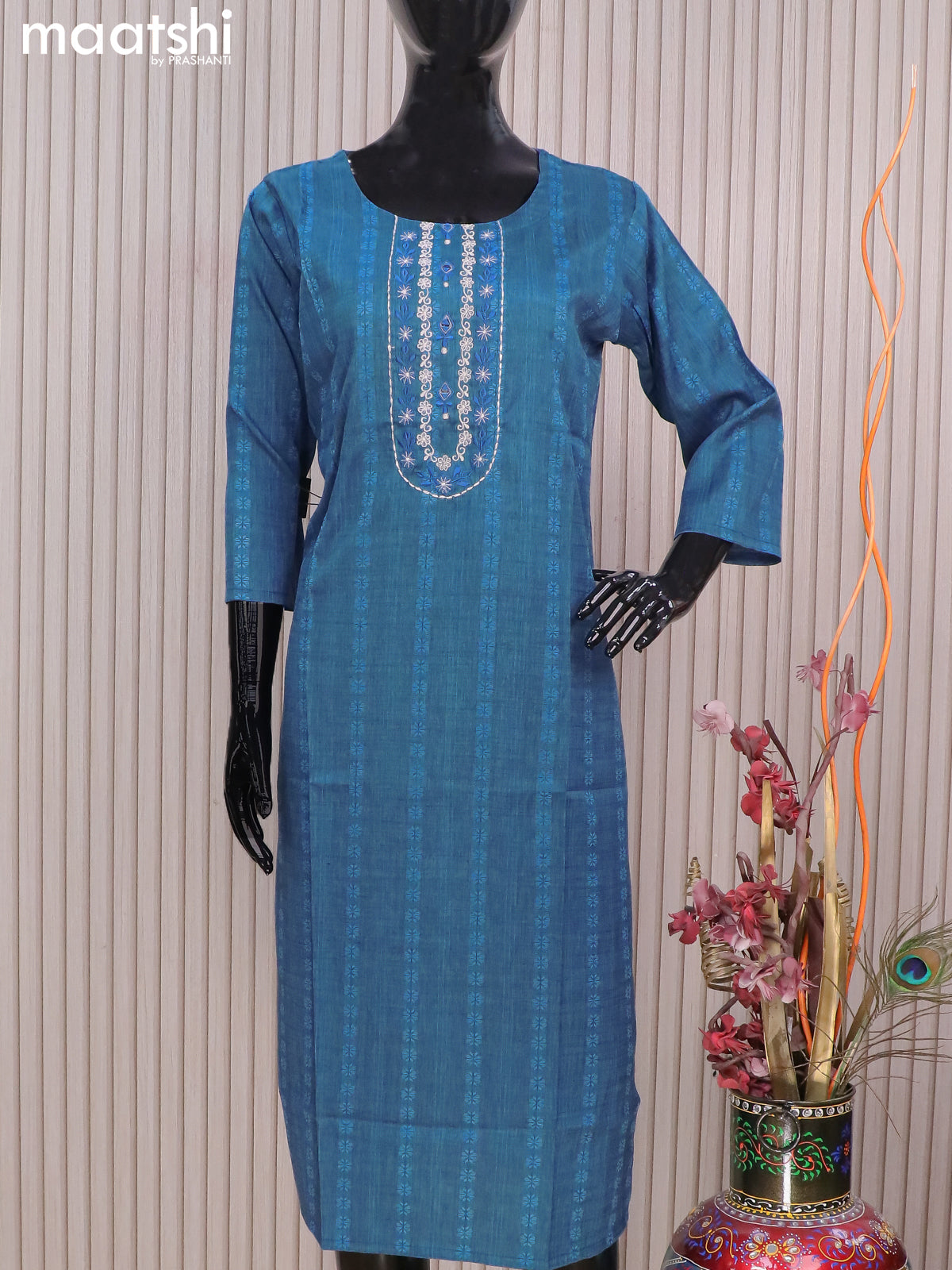 Rayon readymade kurti peacock blue with allover thread weaves & mirror embroidery neck pattern without pant