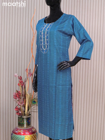 Rayon readymade kurti peacock blue with allover thread weaves & mirror embroidery neck pattern without pant