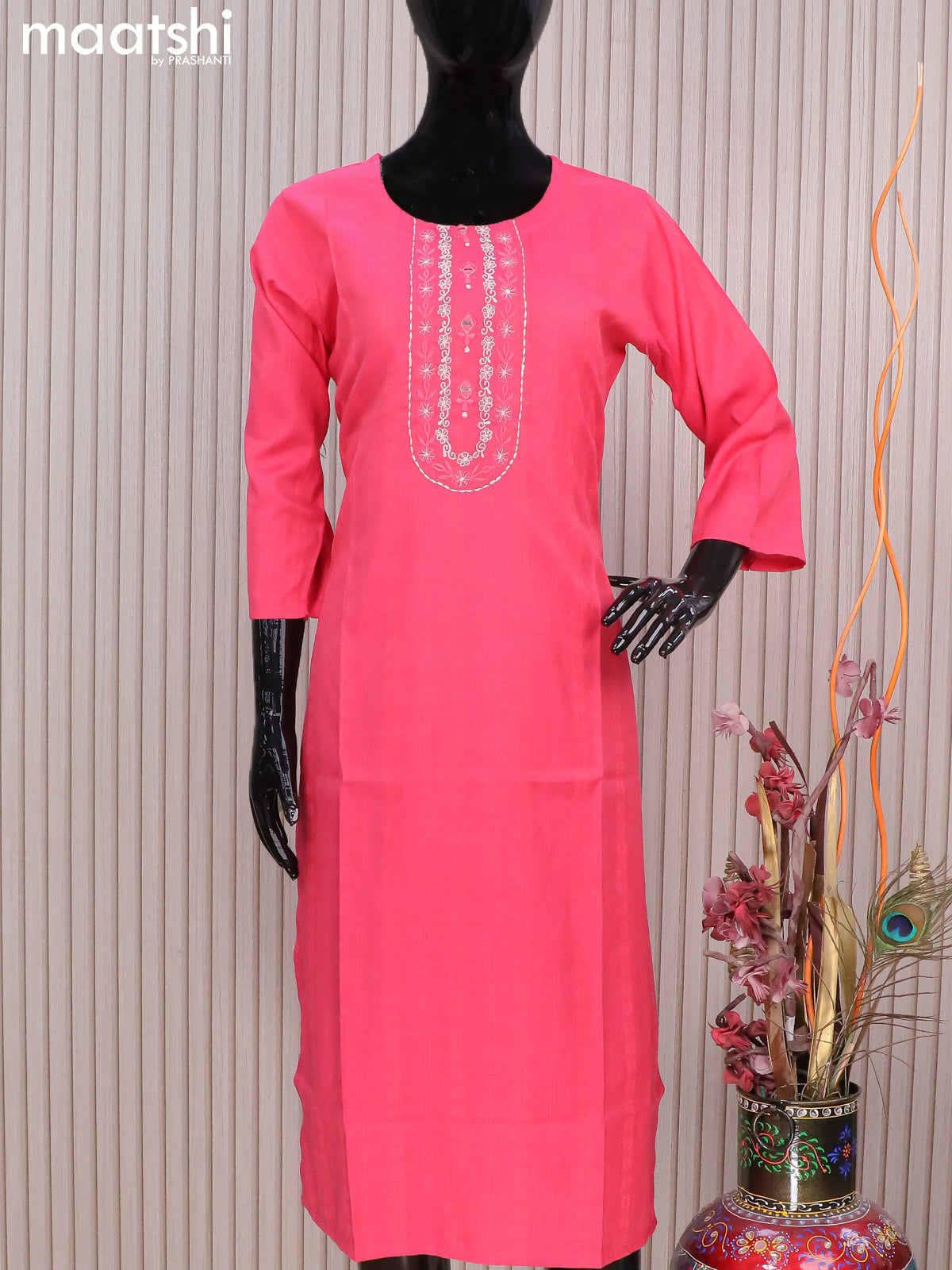 Rayon readymade kurti pink with allover thread weaves & mirror embroidery neck pattern without pant