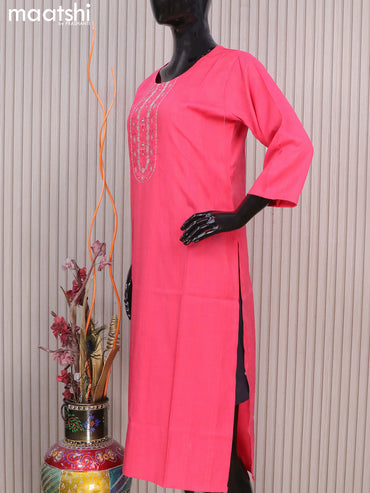 Rayon readymade kurti pink with allover thread weaves & mirror embroidery neck pattern without pant