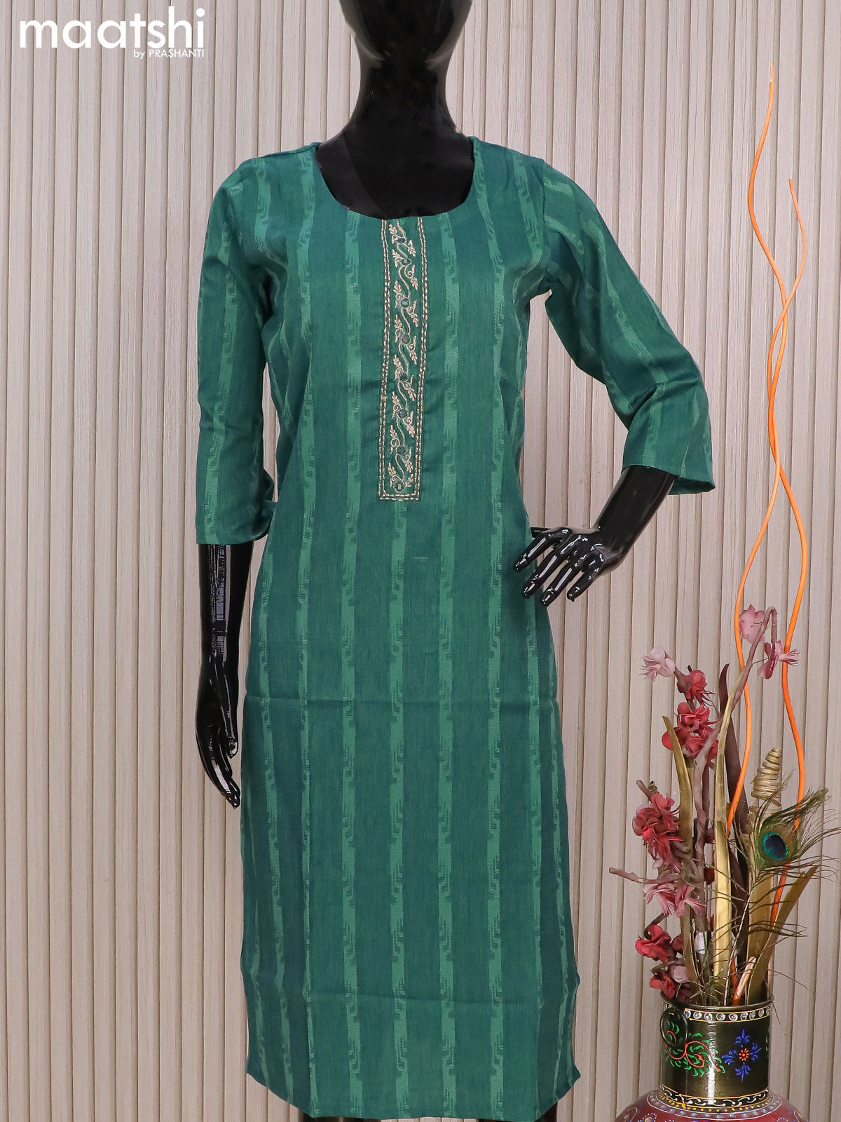 Rayon readymade kurti peacock green with allover thread weaves & mirror embroidery neck pattern without pant