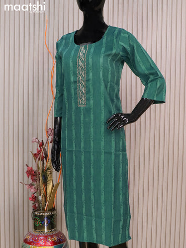 Rayon readymade kurti peacock green with allover thread weaves & mirror embroidery neck pattern without pant