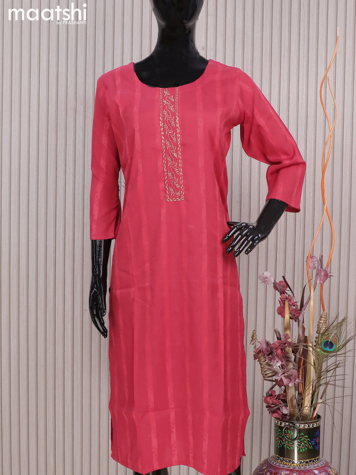 Rayon readymade kurti red with allover thread weaves & mirror embroidery neck pattern without pant