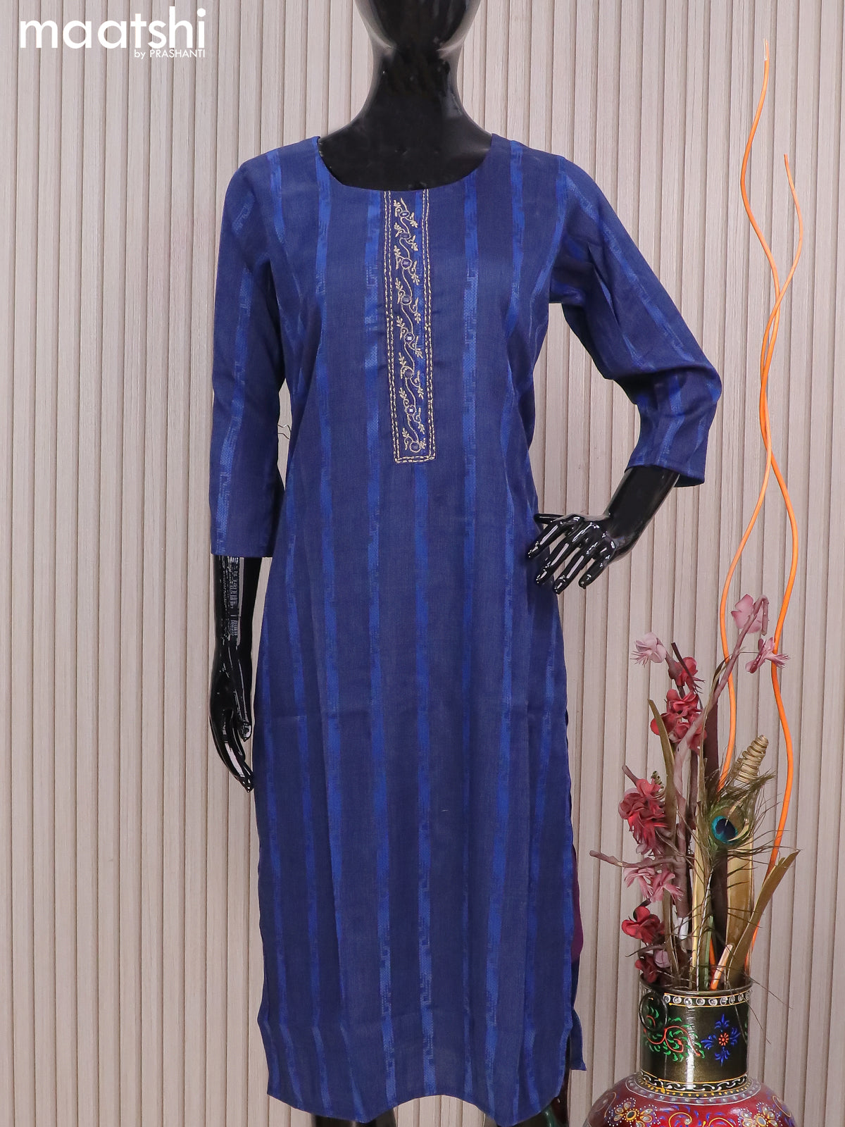 Rayon readymade kurti blue with allover thread weaves & mirror embroidery neck pattern without pant