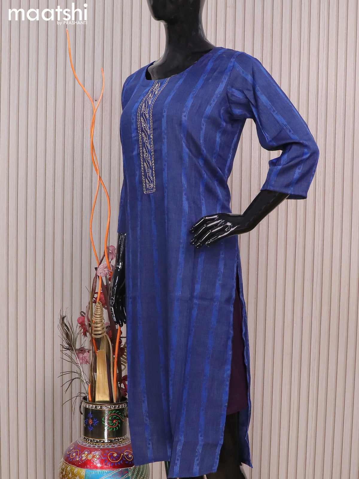 Rayon readymade kurti blue with allover thread weaves & mirror embroidery neck pattern without pant