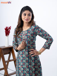 Modal kurti set peacock green with allover prints & embroidery mirror patch work neck pattern and straight cut pant