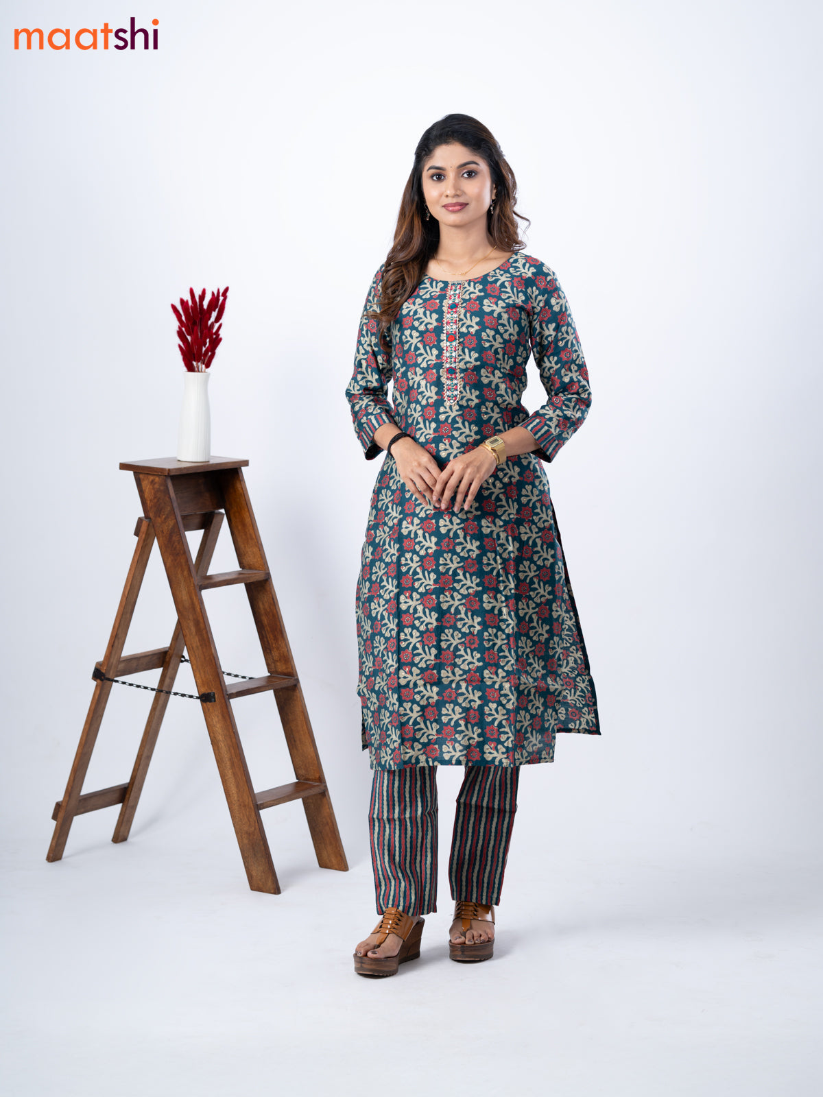 Modal kurti set peacock green with allover prints & embroidery mirror patch work neck pattern and straight cut pant