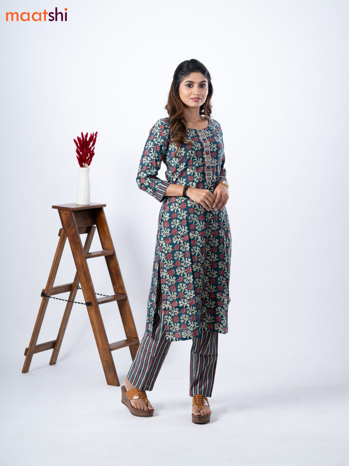 Modal kurti set peacock green with allover prints & embroidery mirror patch work neck pattern and straight cut pant