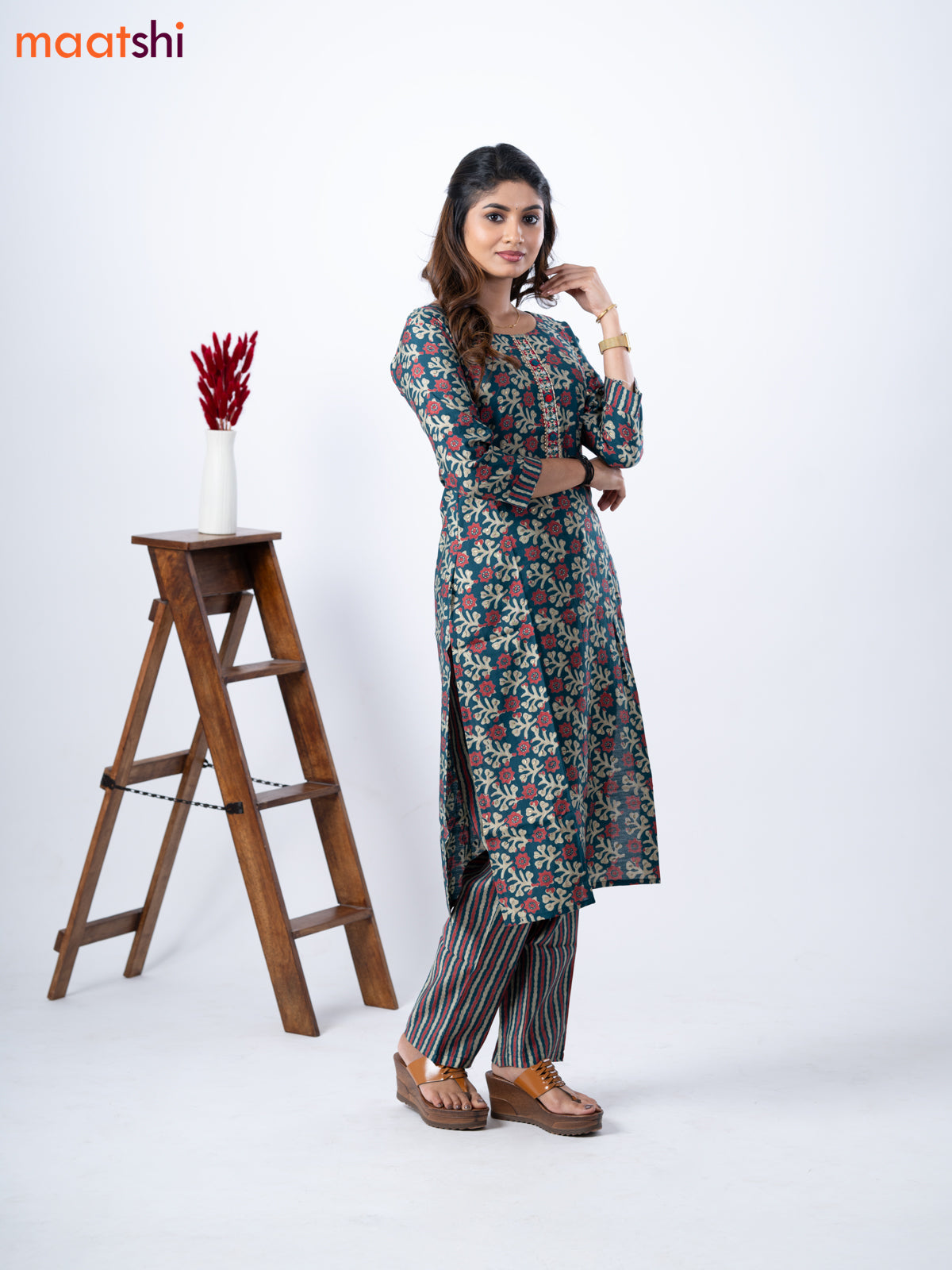 Modal kurti set peacock green with allover prints & embroidery mirror patch work neck pattern and straight cut pant