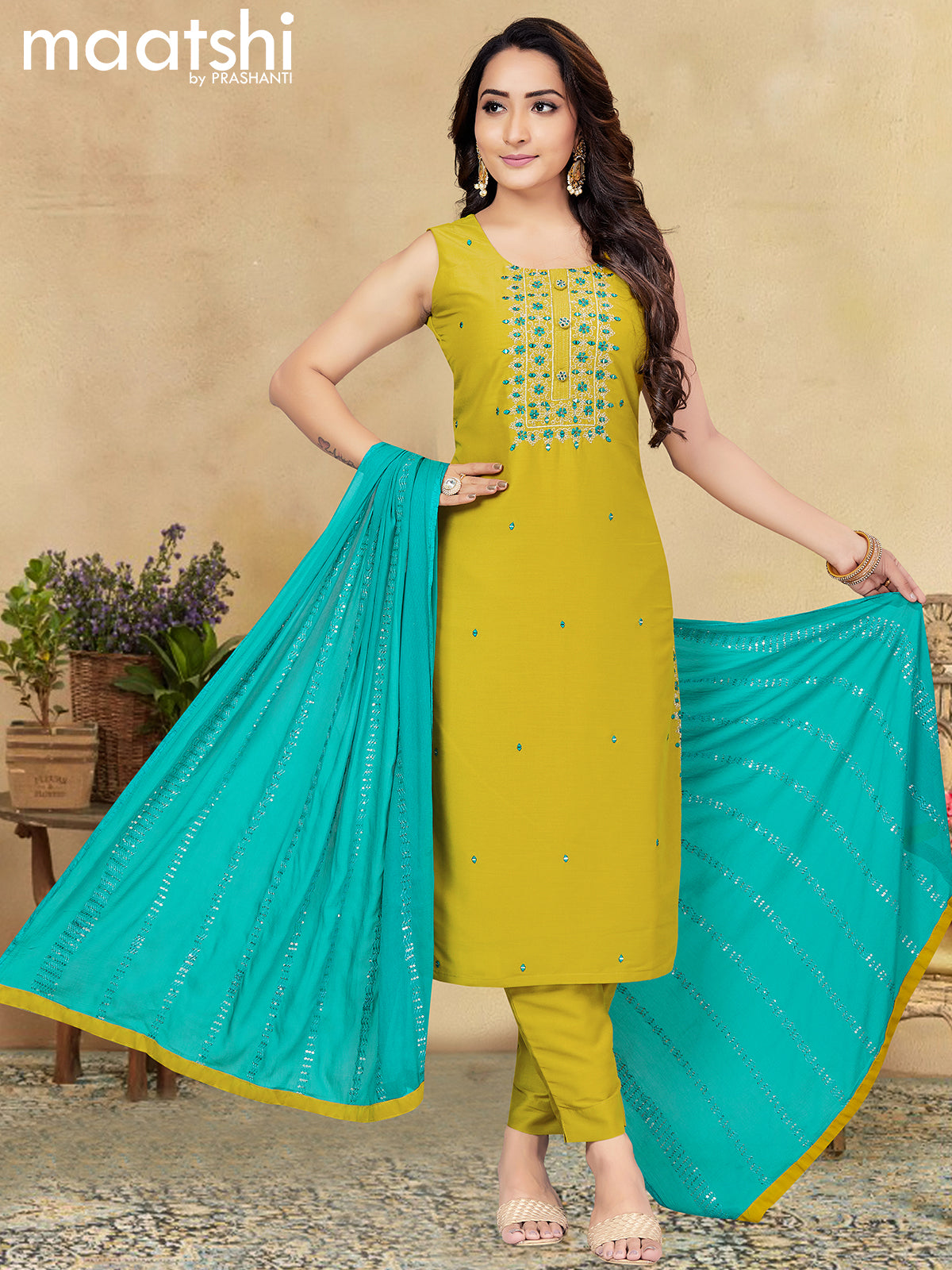 Raw silk readymade salwar suits lime yellow and teal blue with embroidery mirror work neck pattern and straight cut pant & sequin work dupatta - sleeves attached