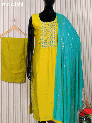 Raw silk readymade salwar suits lime yellow and teal blue with embroidery mirror work neck pattern and straight cut pant & sequin work dupatta - sleeves attached