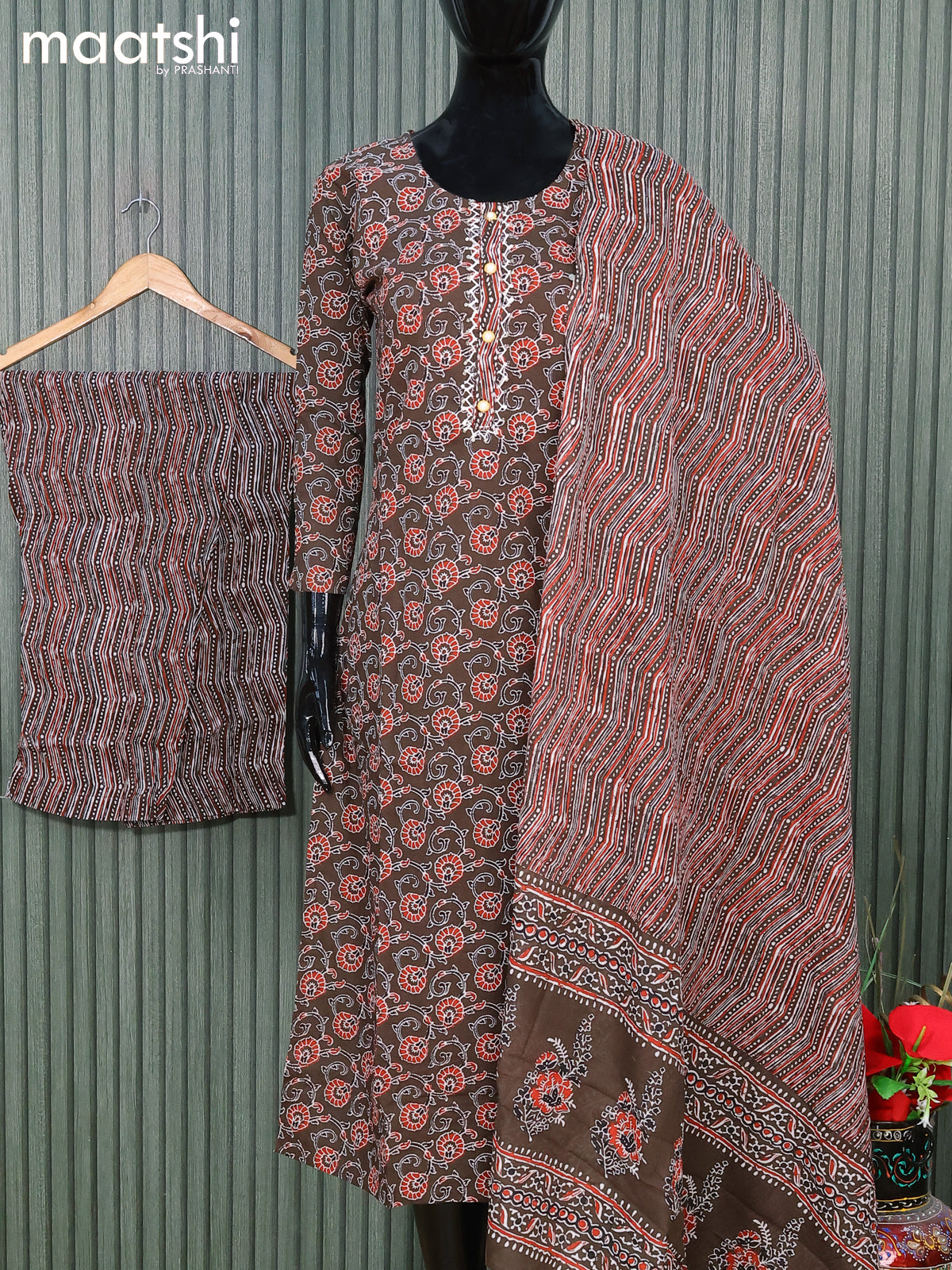 Cotton readymade salwar suits deep coffee brown and  with allover kalamkari prints and straight cut pant & cotton dupatta