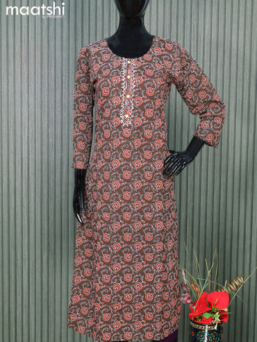 Cotton readymade salwar suits deep coffee brown and  with allover kalamkari prints and straight cut pant & cotton dupatta