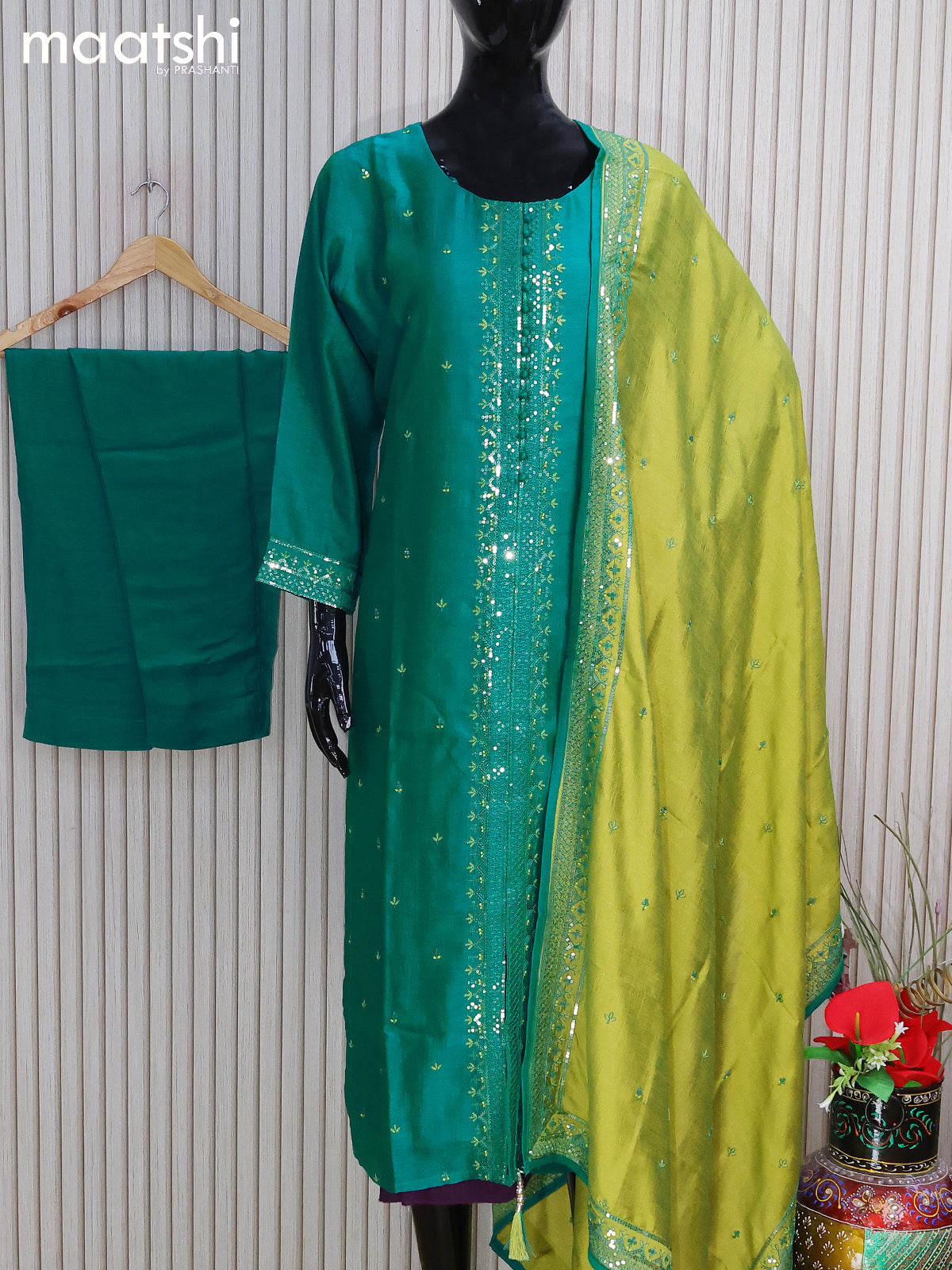 Raw silk readymade salwar suits teal green and light green with embroi ...