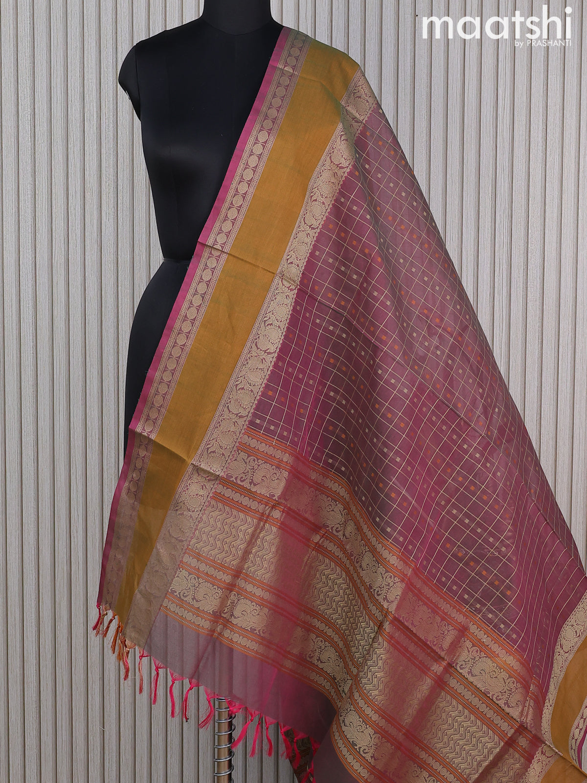 Kanchi cotton dupatta dual shade of pinkish green and mustard green with allover thread checks & buttas and rettapet thread woven border