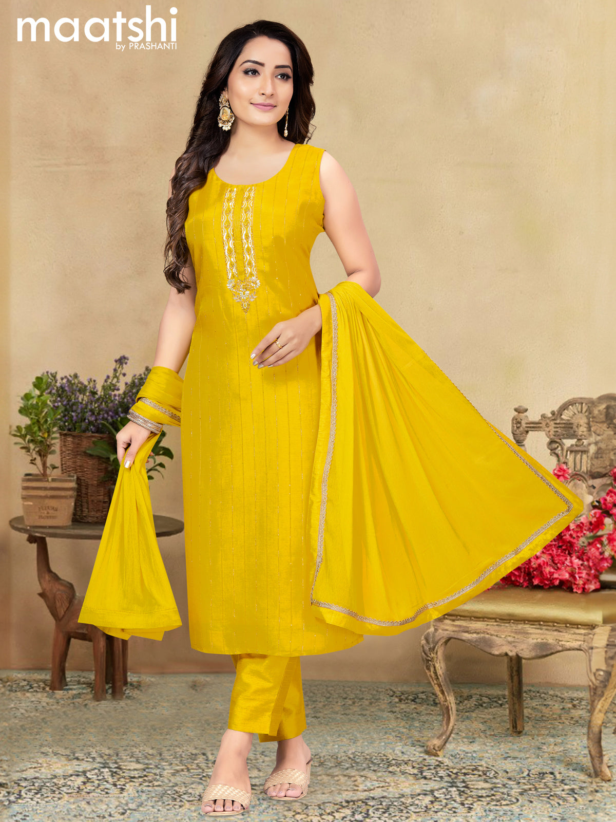 Raw silk readymade salwar suits lime yellow with sequin beaded neck pattern and straight cut pant & chiffon dupatta - sleeves attached