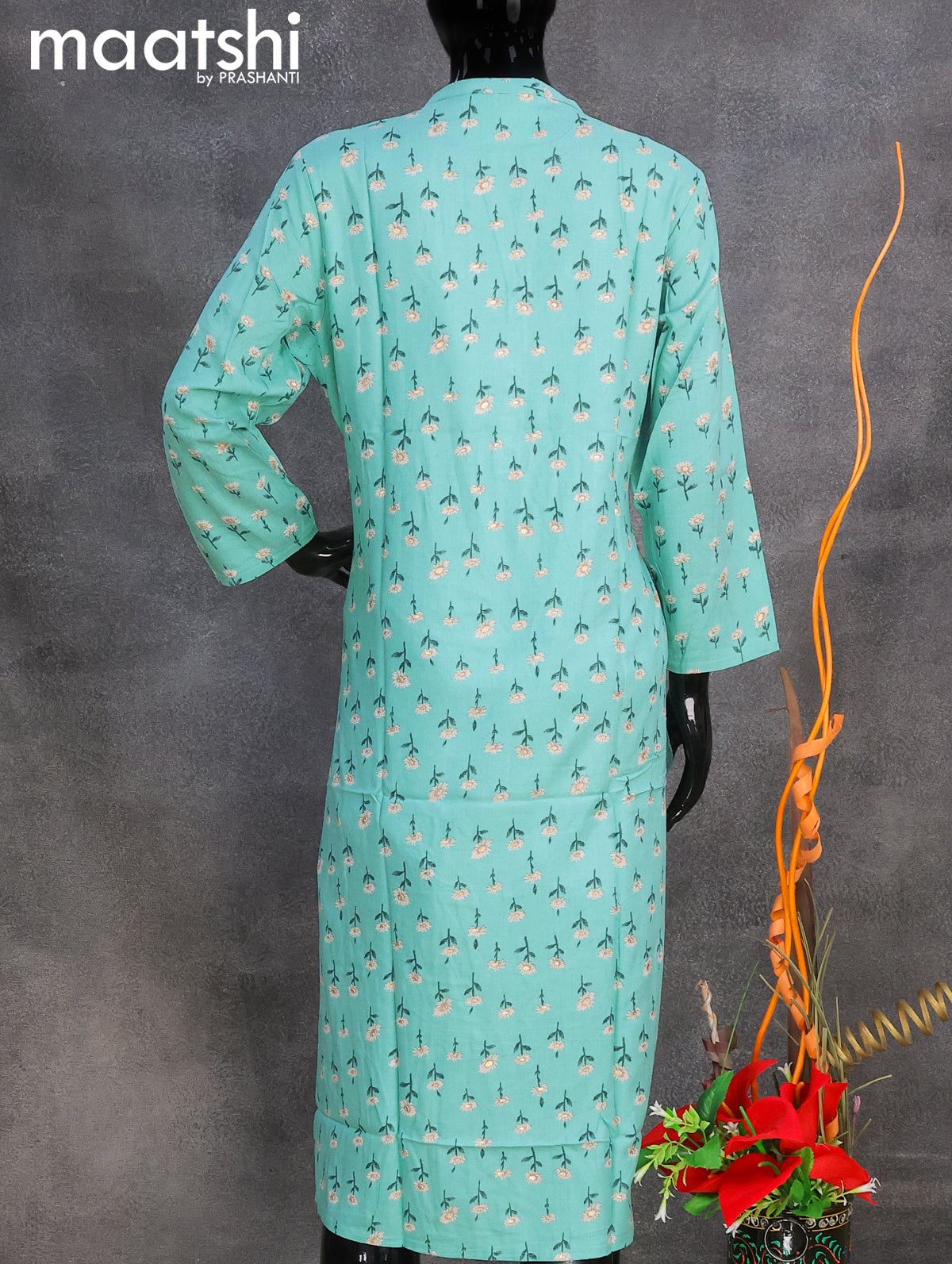 Rayon readymade kurti teal blue with allover floral prints & simple neck pattern without pant