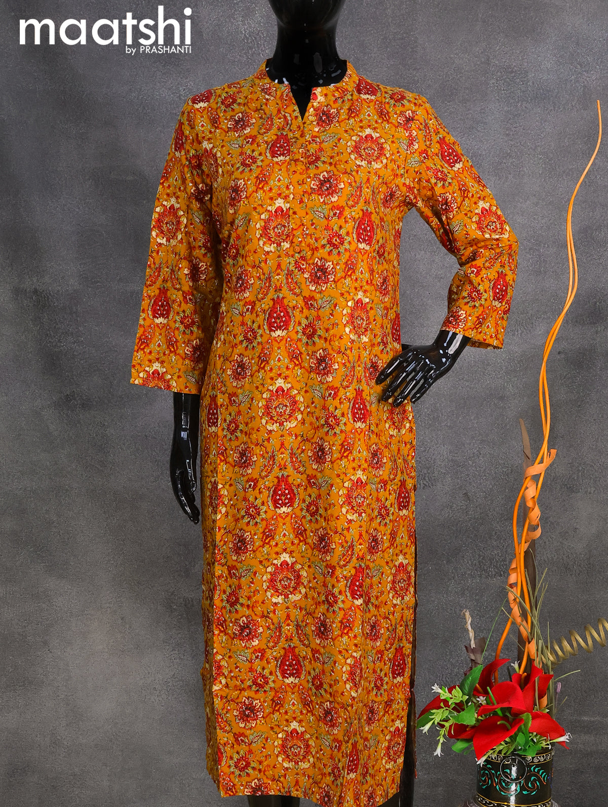 Rayon readymade kurti mustard yellow with allover prints & simple neck pattern without pant