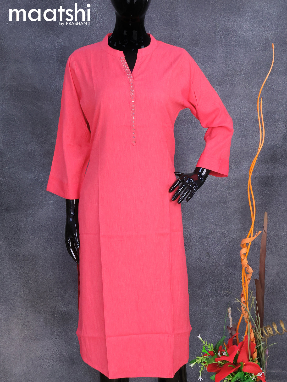 Rayon readymade kurti pink with allover prints & simple neck pattern without pant