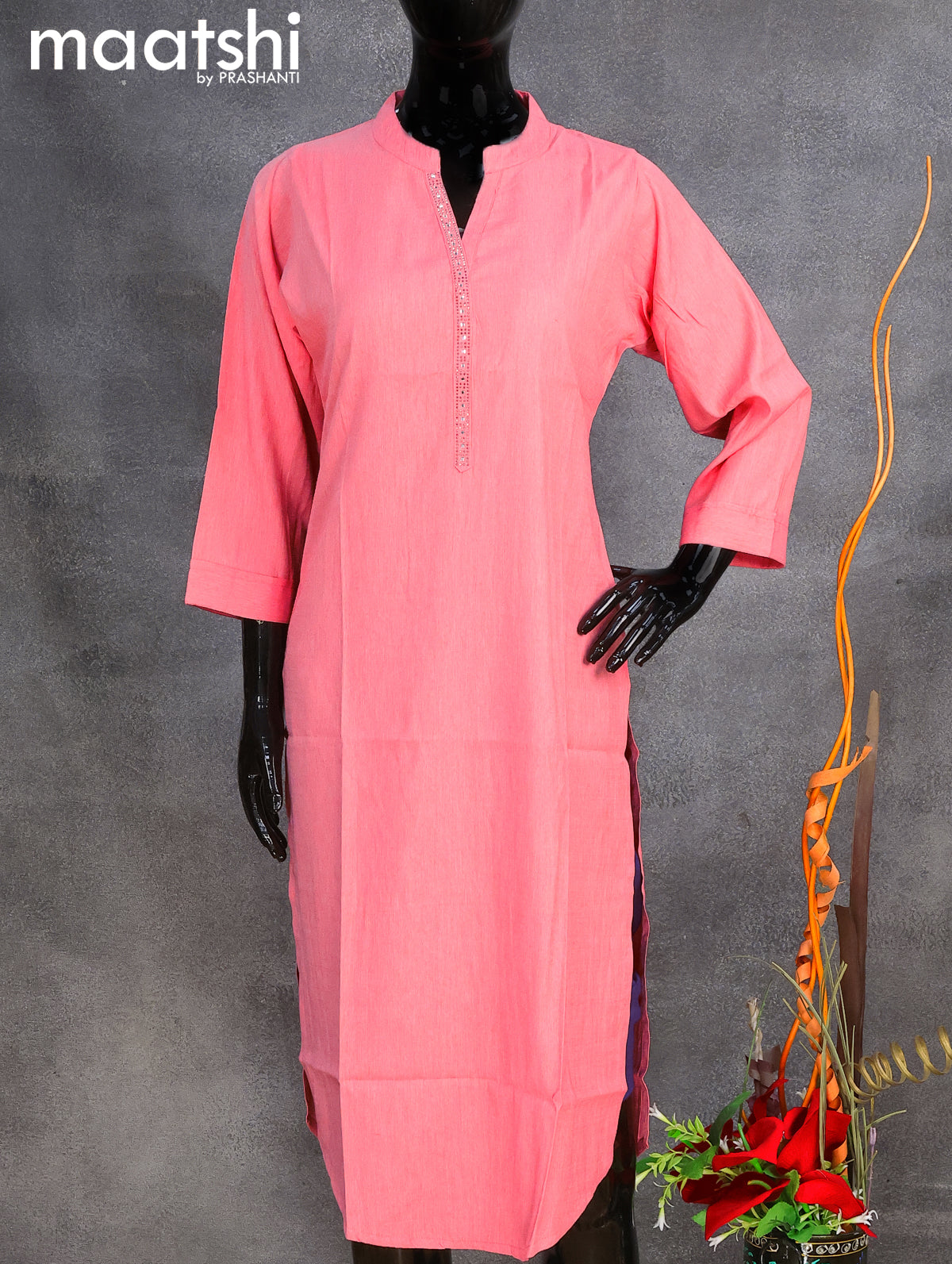 Rayon readymade kurti peach pink with stone work neck pattern without pant