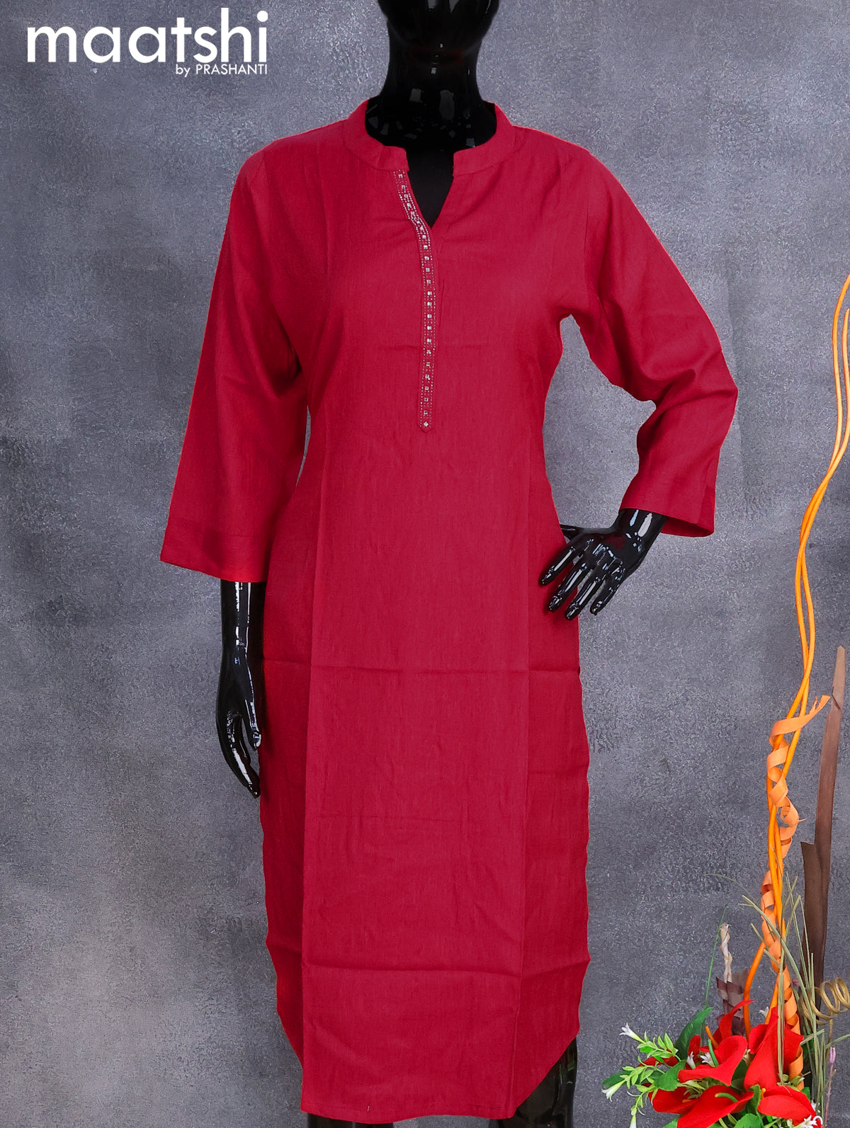 Rayon readymade kurti red with stone work neck pattern without pant