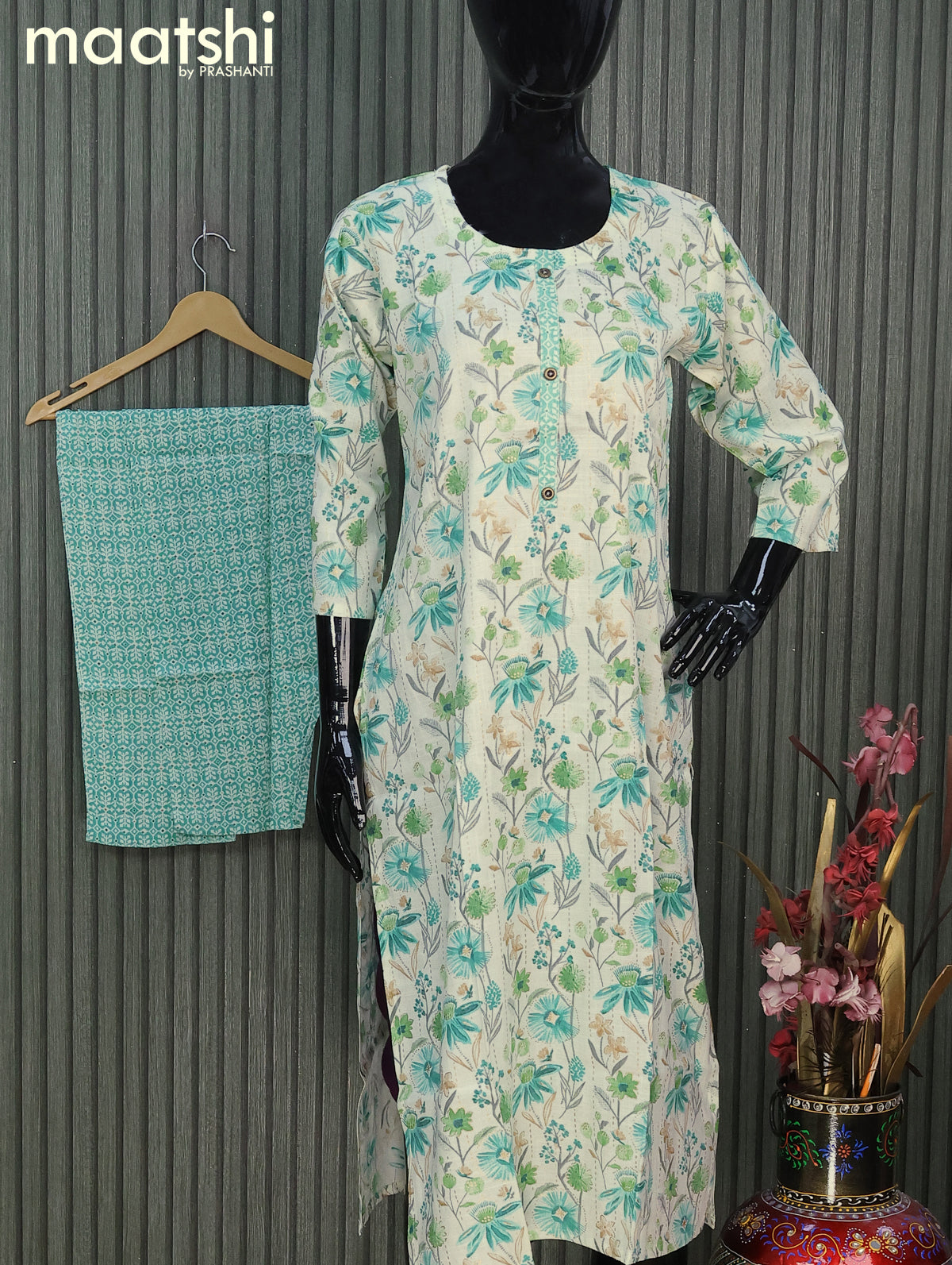 Rayon readymade kurti set off whie and teal blue with allover floral prints & simple neck pattern and straight cut pant