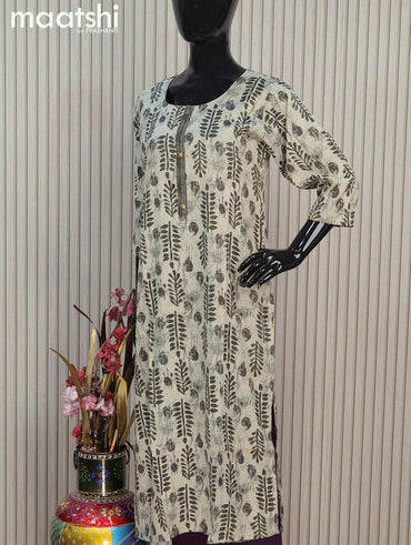 Rayon readymade kurti set grey shade with allover prints & simple neck pattern and straight cut pant