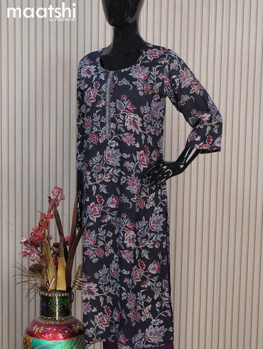 Rayon readymade kurti set dark navy blue with allover floral prints & simple neck pattern and straight cut pant