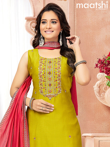 Raw silk readymade salwar suits lime yellow with embroidery & mirror work neck pattern and straight cut pant & sequin work dupatta attached sleeve