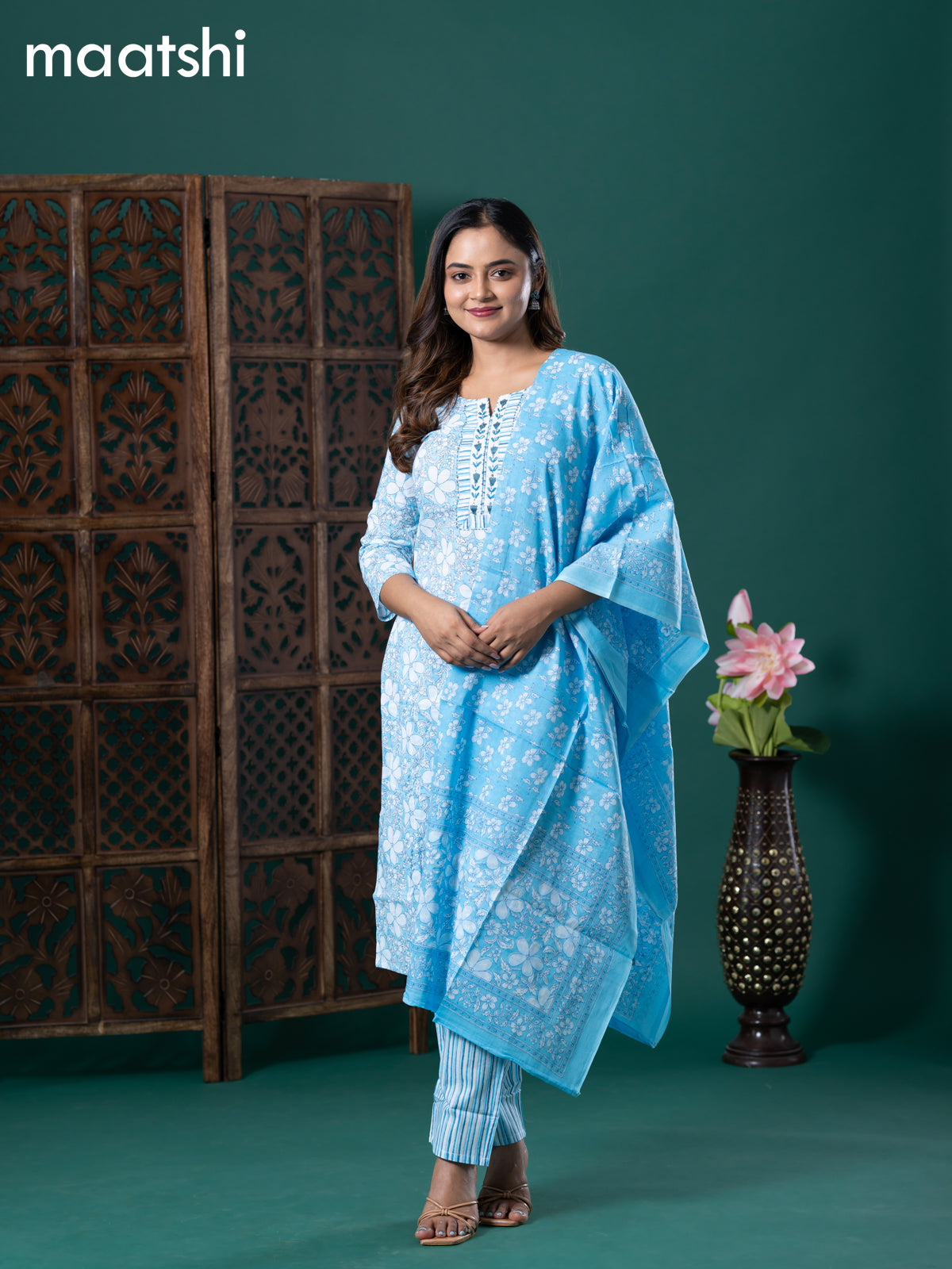 Cotton readymade salwar suit light blue and off white with allover floral prints & embroidery patch work neck pattern and straight cut pant & cotton dupatta