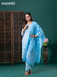 Cotton readymade salwar suit light blue and off white with allover floral prints & embroidery patch work neck pattern and straight cut pant & cotton dupatta