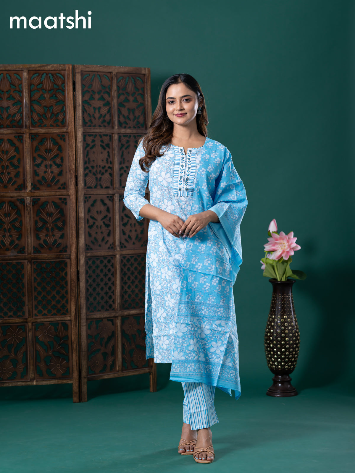 Cotton readymade salwar suit light blue and off white with allover floral prints & embroidery patch work neck pattern and straight cut pant & cotton dupatta