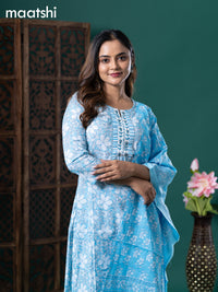 Cotton readymade salwar suit light blue and off white with allover floral prints & embroidery patch work neck pattern and straight cut pant & cotton dupatta