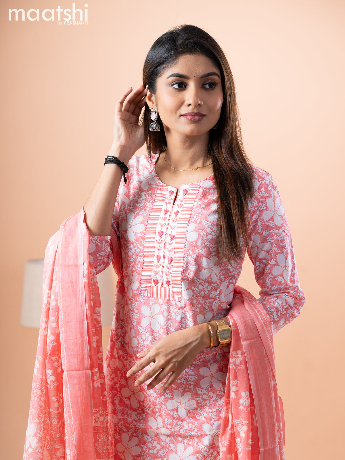 Cotton salwar suit peach pink and off white with allover floral prints & embroidery patch work neck pattern and straight cut pant & cotton dupatta