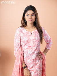 Cotton salwar suit peach pink and off white with allover floral prints & embroidery patch work neck pattern and straight cut pant & cotton dupatta