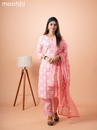 Cotton salwar suit peach pink and off white with allover floral prints & embroidery patch work neck pattern and straight cut pant & cotton dupatta