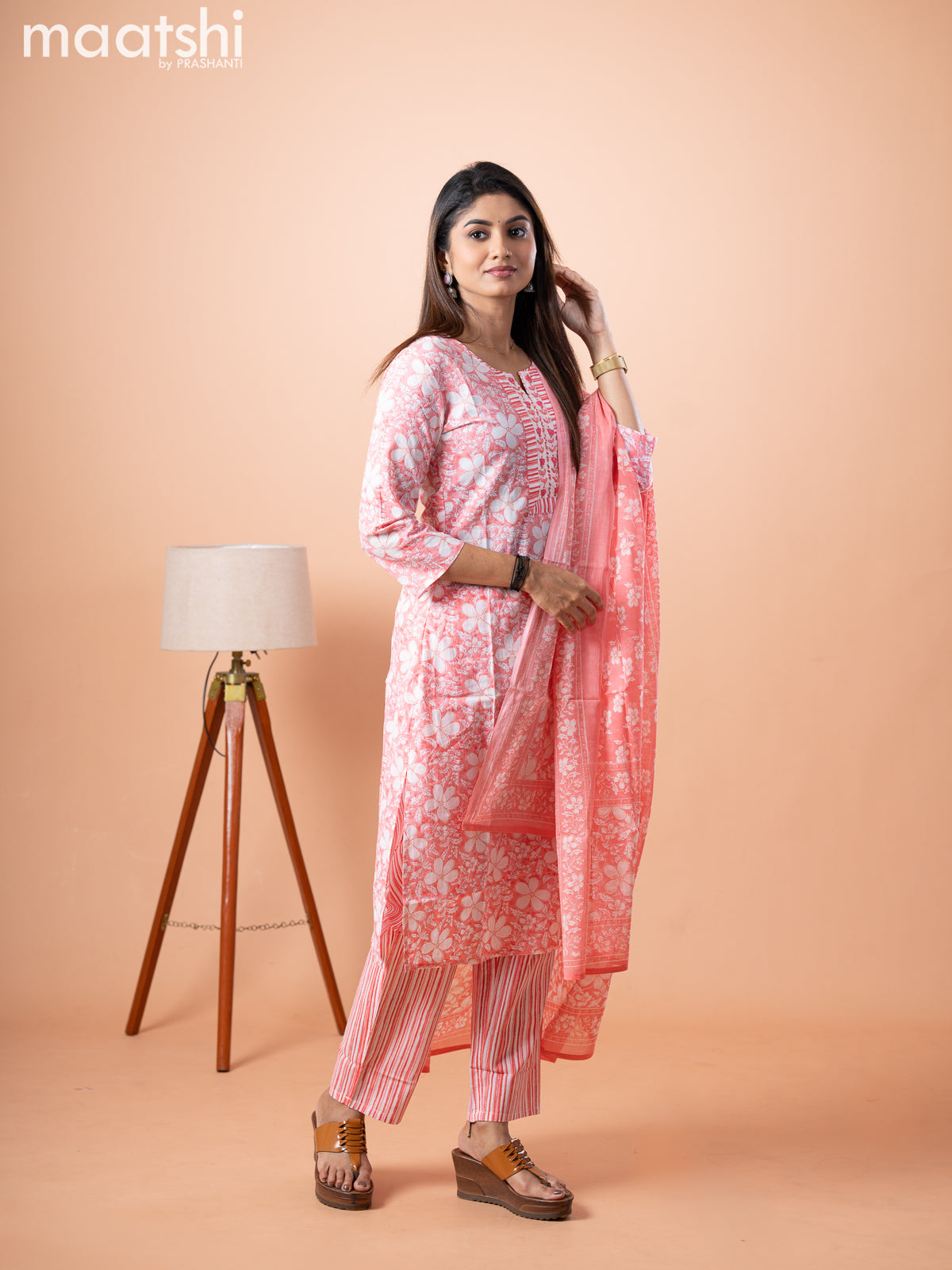 Cotton salwar suit peach pink and off white with allover floral prints & embroidery patch work neck pattern and straight cut pant & cotton dupatta