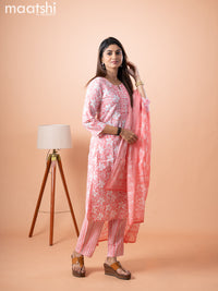 Cotton salwar suit peach pink and off white with allover floral prints & embroidery patch work neck pattern and straight cut pant & cotton dupatta