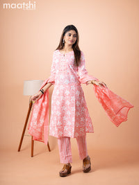 Cotton salwar suit peach pink and off white with allover floral prints & embroidery patch work neck pattern and straight cut pant & cotton dupatta