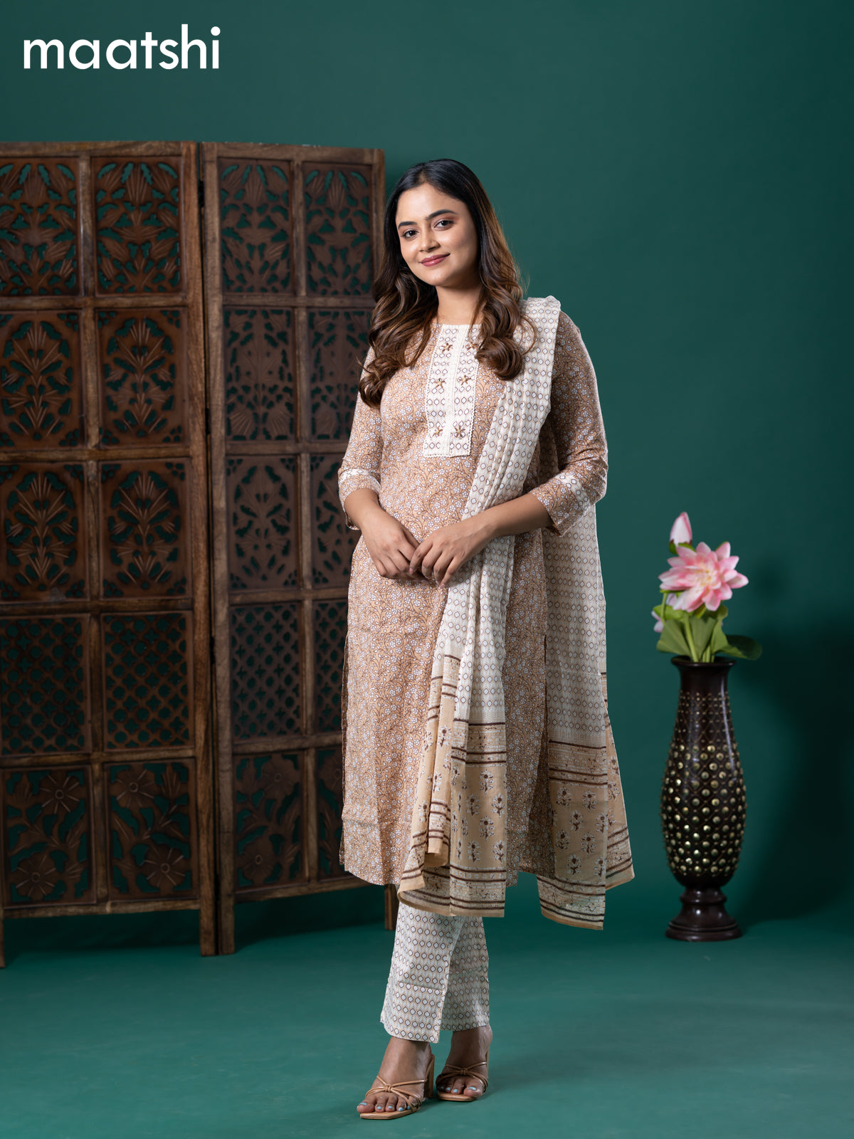 Cotton readymade salwar suit pastel brown and off white with allover prints & crocia lace work neck pattern and straight cut pant & cotton dupatta