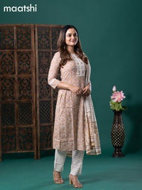 Cotton readymade salwar suit pastel brown and off white with allover prints & crocia lace work neck pattern and straight cut pant & cotton dupatta