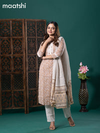 Cotton readymade salwar suit pastel brown and off white with allover prints & crocia lace work neck pattern and straight cut pant & cotton dupatta