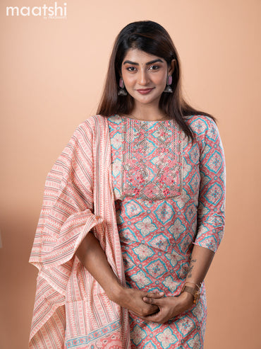 Cotton salwar suit pink and beige with allover ajrakh prints & embroidery mirror work neck pattern and straight cut pant & cotton dupatta