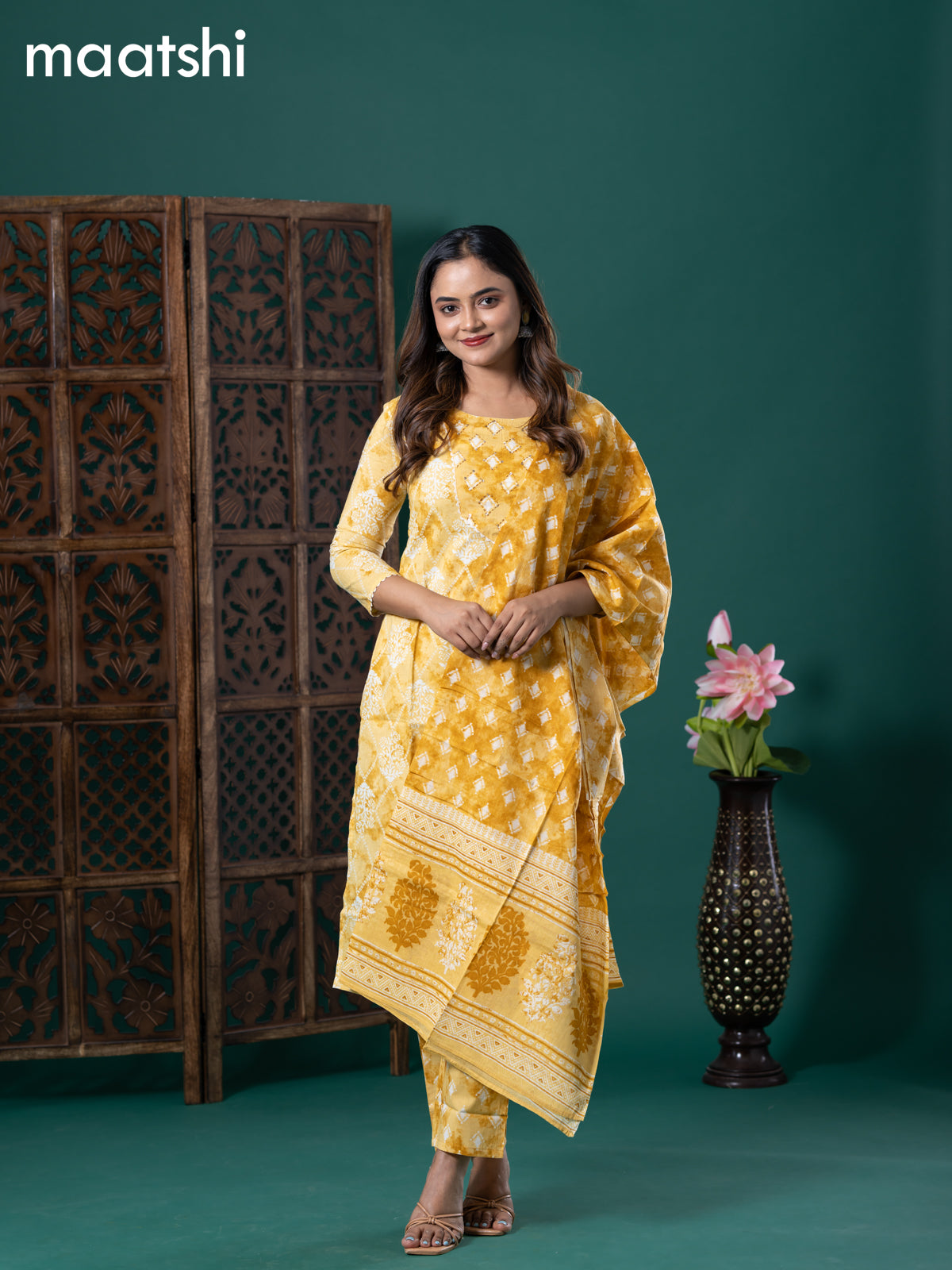 Cotton readymade salwar suit yellow shade with allover prints & embroidery lace work neck pattern and straight cut pant & cotton dupatta