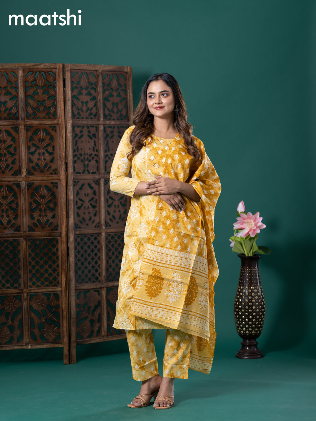 Cotton readymade salwar suit yellow shade with allover prints & embroidery lace work neck pattern and straight cut pant & cotton dupatta