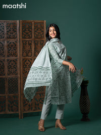 Cotton readymade salwar suit pastel green shade and off white with allover paisley prints & mirror embroidery work neck pattern and straight cut pant & cotton dupatta