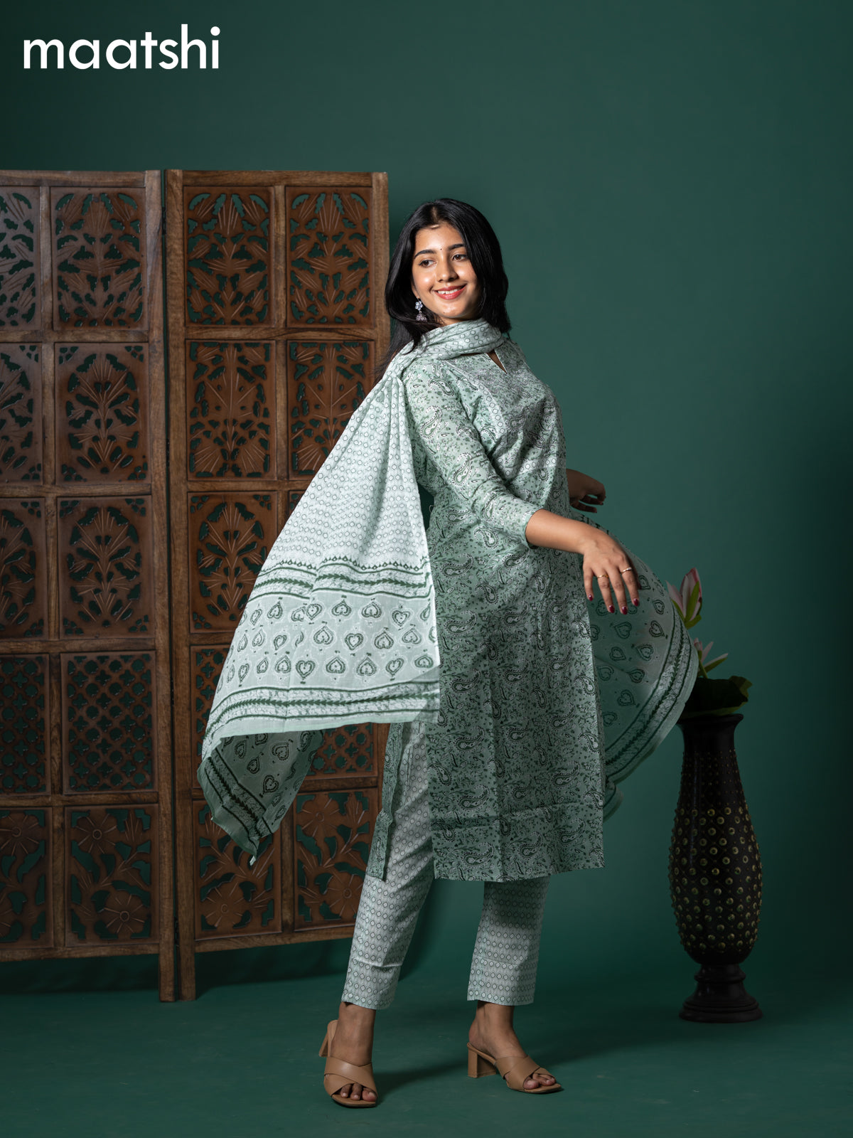 Cotton readymade salwar suit pastel green shade and off white with allover paisley prints & mirror embroidery work neck pattern and straight cut pant & cotton dupatta