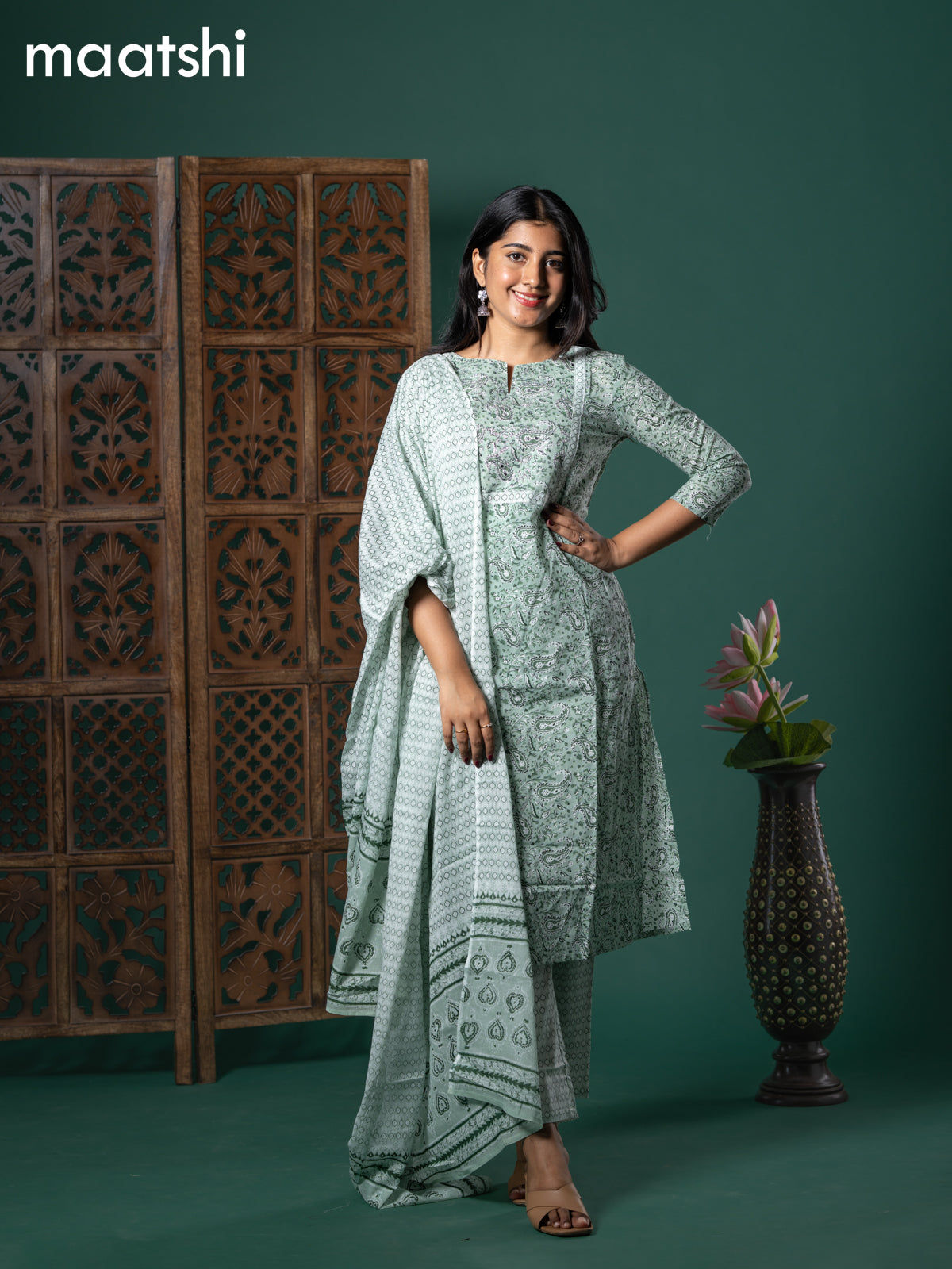 Cotton readymade salwar suit pastel green shade and off white with allover paisley prints & mirror embroidery work neck pattern and straight cut pant & cotton dupatta