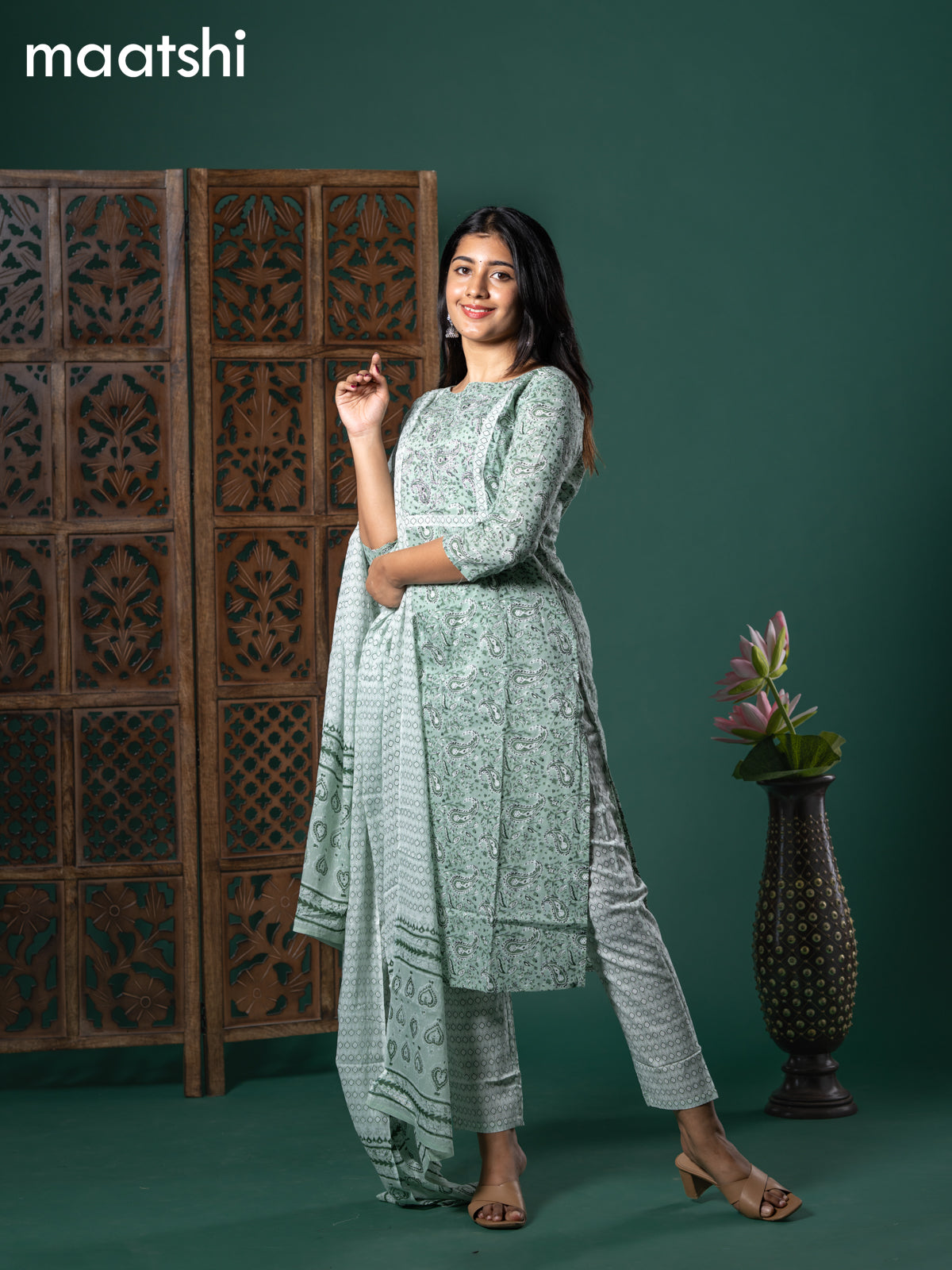 Cotton readymade salwar suit pastel green shade and off white with allover paisley prints & mirror embroidery work neck pattern and straight cut pant & cotton dupatta